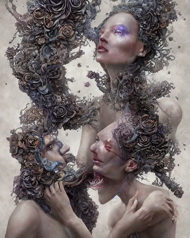 Image similar to a sculpture of a gorgeous etherial female, breaking apart, metaphysical paintings, Andrew Ferez, by Charlie Bowater, Marco Mazzoni, Seb McKinnon, Ryohei Hase, jeremy geddes, lovecraftian, made of mist, cosmic horror, trending on cgsociety, featured on zbrush central, grotesque, vanitas, new sculpture, mystical