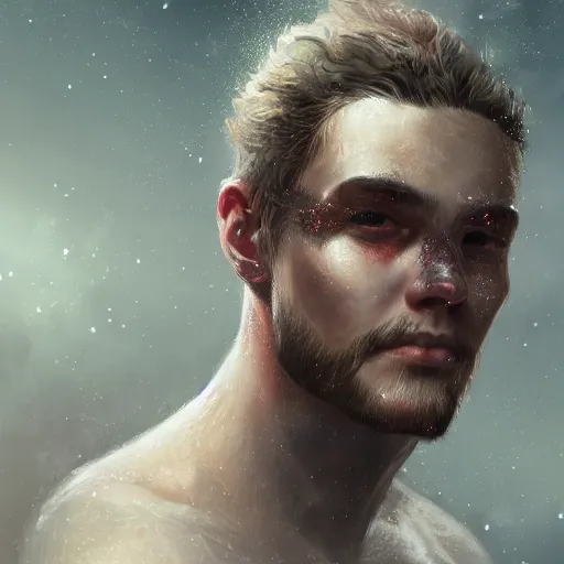 Image similar to man whose skin is a field of twinkling stars, award-winning portrait, fantasy horror, trending on artstation, 8k, 4k, pixiv, matte finish, highly detailed