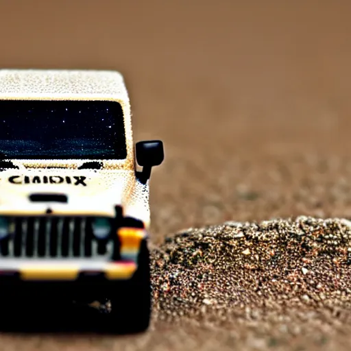 Image similar to COMMANDER, ((jeep)), micro machines, bokeh, macro photography