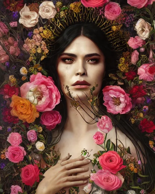 Image similar to portrait of the mexican queen of the underworld, surrounded by flowers by karol bak, james jean, tom bagshaw, rococo, sharp focus, trending on artstation, cinematic lighting, hyper realism, octane render, 8 k, hyper detailed.