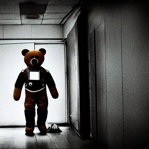 Prompt: lomo photo of teddy bear in spacesuit staying in front of abandoned hospital, dark, moody, foggy, gloomy.