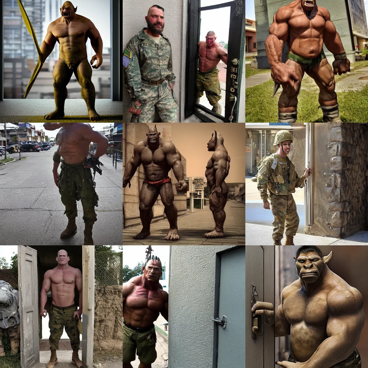 Prompt: realistic the male orc who served in US Army, in civil cuit, tall, musculine, beautiful, attraction, knocking a door at city town on background