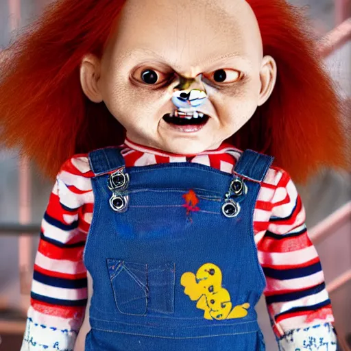 Prompt: Chucky the red head evil doll wearing blue overalls and a rainbow stripped shirt