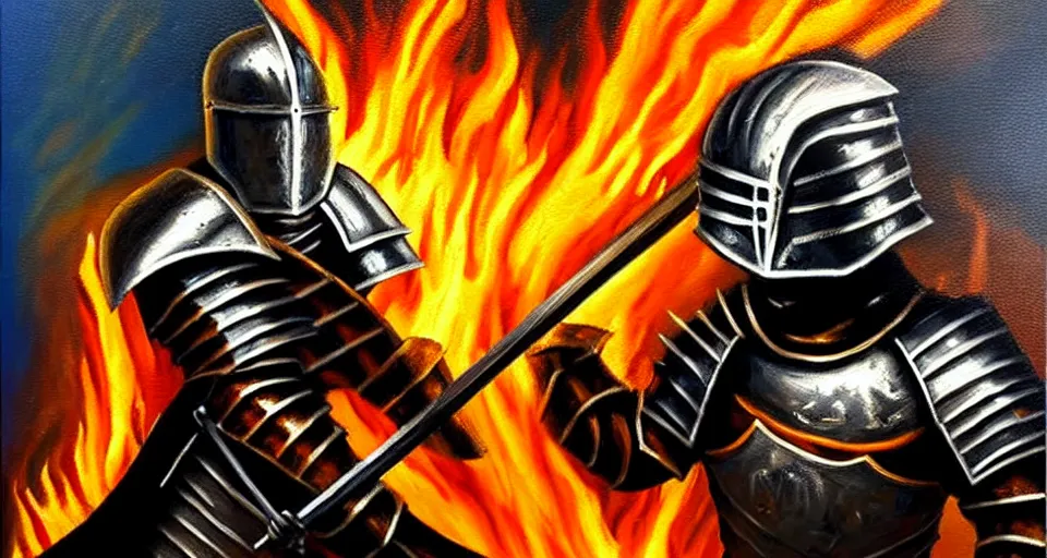 Image similar to An oil painting of a knight in dark metal armor wielding a flaming sword