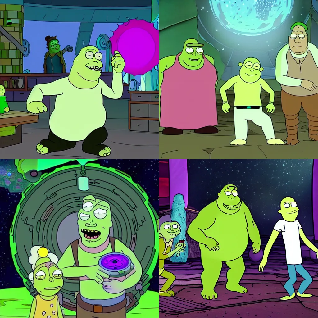 Prompt: Shrek in the show Rick and Morty with a portal machine