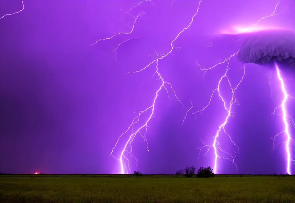 Image similar to purple color lighting storm a tornado on the ground
