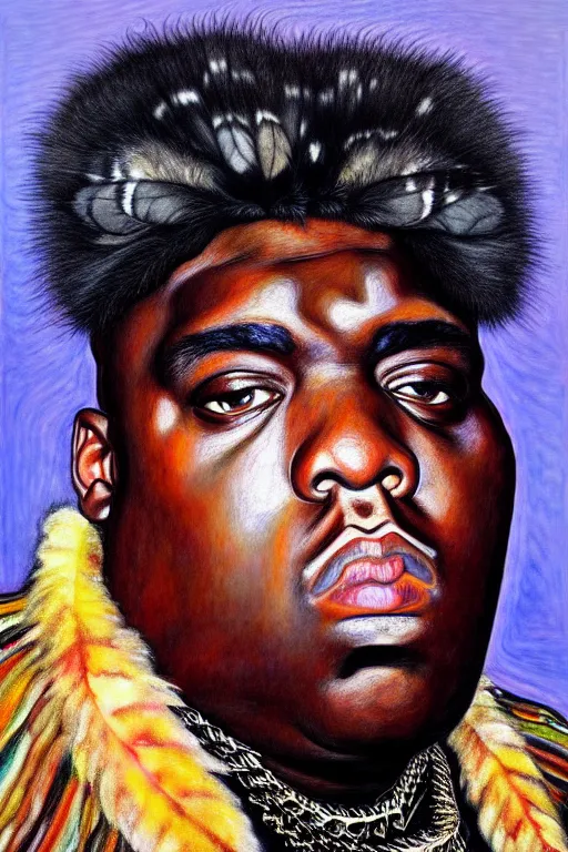 Image similar to full body!! a portrait of biggie smalls aka notorious b. i. g. wearing boho - chic style clothes, with a fur muffler and feathers, realistic painting in egon schiele style, masterpiece, hyperdetailed, complex, intricate, 4 k, hyperrealistic, trending on artstation