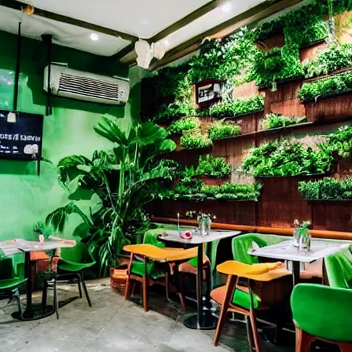 Image similar to a cafe in Vietnam, many green plants on walls and on tables, good atmosphere, relaxing, calming place, good design, people sitting down enjoying drinks