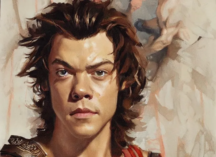 Prompt: a highly detailed beautiful portrait of harry styles as kratos, by gregory manchess, james gurney, james jean