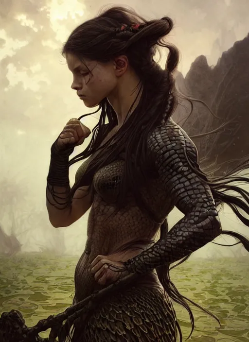 Prompt: a strong fighter with long hair, reptile skin, black wings slightly burnt, swamp landscape, fantasy magic, braids , dark light night, intricate, elegant, sharp focus, illustration, highly detailed, digital painting, concept art, matte, art by WLOP and Artgerm and Greg Rutkowski and Alphonse Mucha, masterpiece