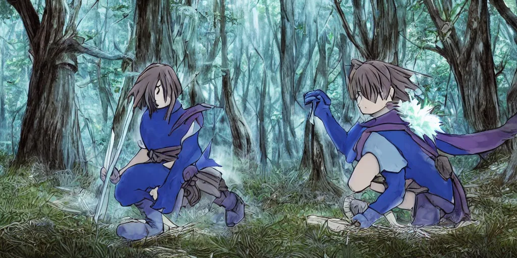 Prompt: Eragon is in the forest with his bow on his back, he finds a blue dragon egg, anime style