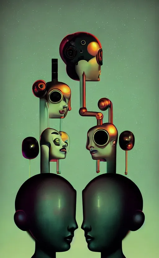 Image similar to portrait of two girl with robot head and with very tight black latex dress by Petros Afshar and Beeple, James Gilleard, Mark Ryden, Wolfgang Lettl highly detailed