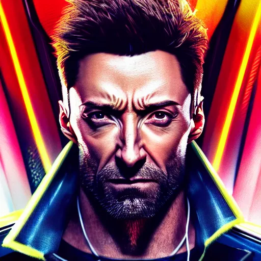 Image similar to hugh jackman portrait, cyberpunk 2 0 7 7, photorealistic, ultra detailed, neon, octane rendered, bokeh, cinematic lighting, cyber, cyberpunk city, studio quality, feature, scars, cyberface, 8 k