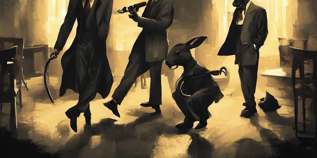 Prompt: a biped rabbit enters into a 4 0 s jazz club, warm color palette, night time, dramatic lighting, noir film, character sheet, fine details, high contrast, blacksad, kim jung gi, greg rutkowski, trending on artstation, 8 k, front view, back view, ultra wide angle