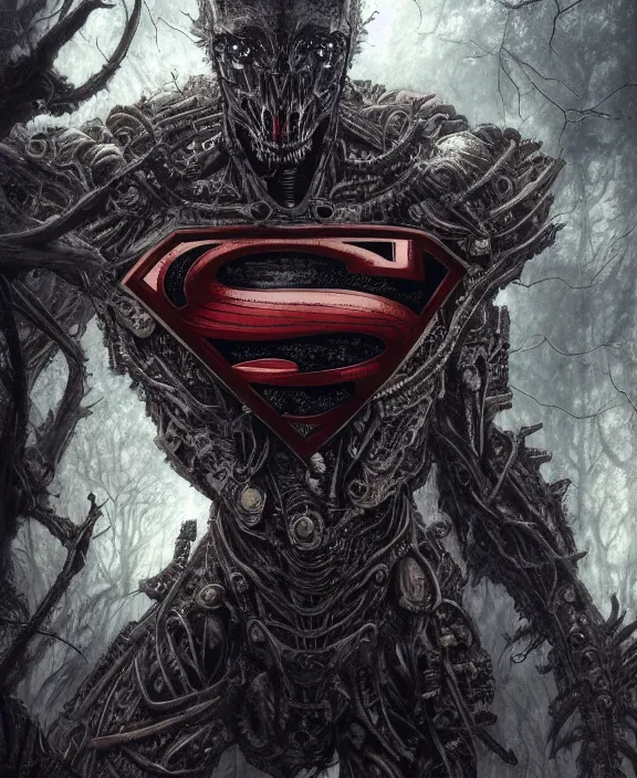 Prompt: 5 5 mm close up portrait photo of an armored biomechanical demonic superman looking at the camera, in a magical forest. dark atmosphere. art by greg rutkowski and luis royo. highly detailed 8 k. intricate. lifelike. soft light. nikon d 8 5 0.