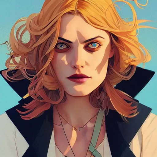 Image similar to Joshua Middleton comic art, pretty female Phoebe Tonkin, pirate, eye patch over one eye, evil smile, symmetrical face, symmetrical eyes, pirate clothing, long wavy blonde hair, full body:: sunny weather::