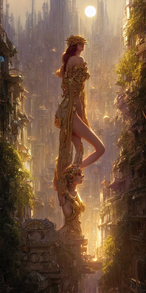 Image similar to golden ornate goddess looking at a hyper realistic cyberpunk city, busy crowded market street overtaken by lush plants, full moon, light rays, gnarly trees by tom bagshaw, mucha, gaston bussiere, craig mullins, j. c. leyendecker 8 k