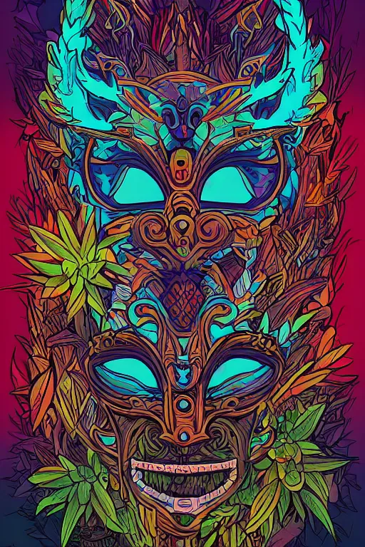 Image similar to animal mask totem roots flower tribal feather gemstone plant wood rock shaman vodoo video game vector cutout illustration vivid multicolor borderlands comics by josan gonzales and dan mumford radiating a glowing aura