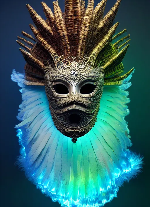 Image similar to 3 d venetian mask portrait, sigma 5 0 0 mm f / 5. beautiful intricate highly detailed quetzalcoatl skull and feathers. bioluminescent, plasma, lava, ice, water, wind, creature, thunderstorm! artwork by tooth wu and wlop and beeple and greg rutkowski, 8 k trending on artstation,