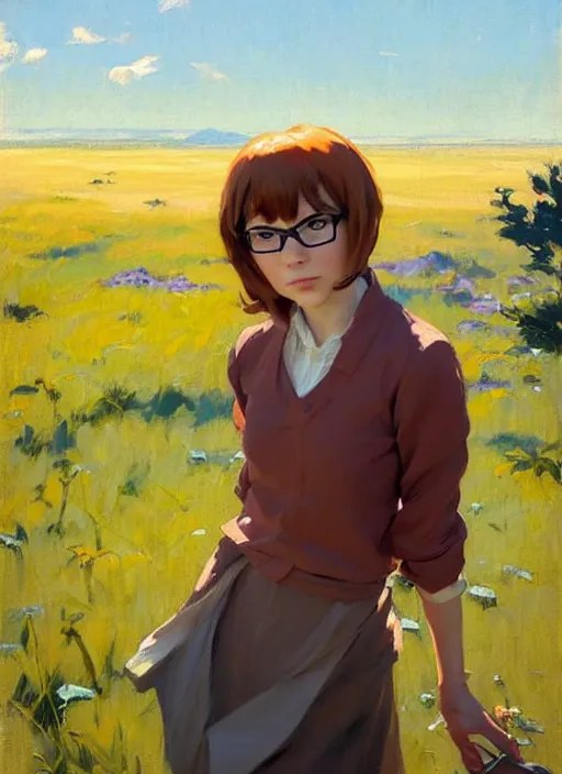 Image similar to Greg Manchess painting of Velma Dinkley, anime style, countryside, calm, fantasy character portrait, dynamic pose, above view, sunny day, artwork by Jeremy Lipkin and Giuseppe Dangelico Pino and Michael Garmash and Rob Rey and Makoto Shinkai, very coherent asymmetrical artwork, sharp edges, perfect face, simple form, 100mm