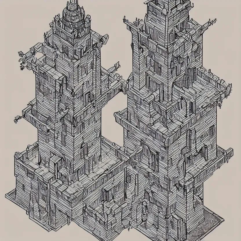 Prompt: isometric view of wizard's tower, lineart, 8 k