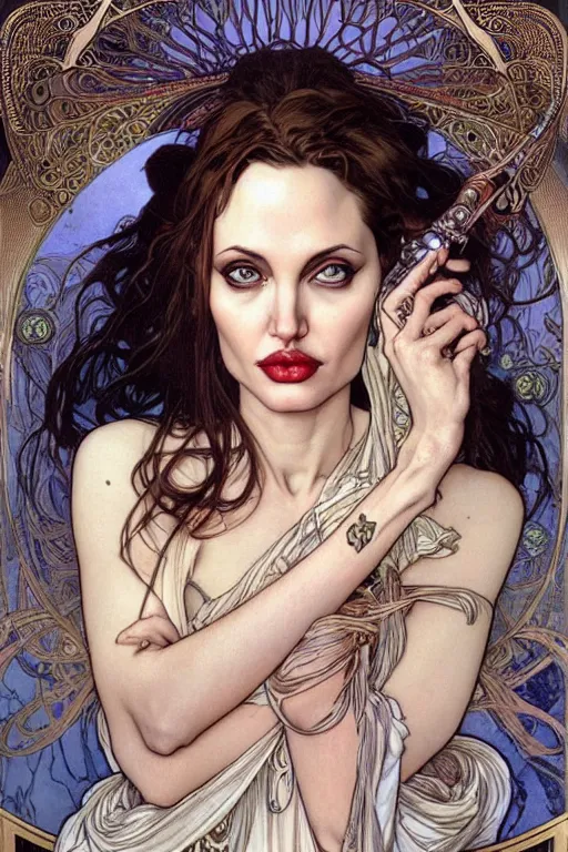 Prompt: realistic detailed face portrait of Angelina Jolie as Salome by Alphonse Mucha, Ayami Kojima, Amano, Charlie Bowater, Karol Bak, Greg Hildebrandt, Jean Delville, and Mark Brooks, Art Nouveau, Neo-Gothic, Surreality, gothic, rich deep moody colors