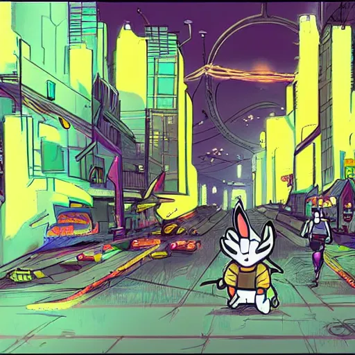 Image similar to concept art of video game about rabbit travelling through a cyberpunk city to find it's owners