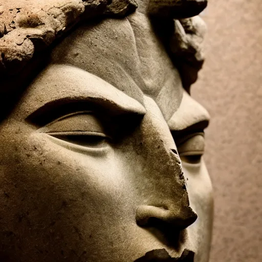 Prompt: close up of an ancient greek statue of the god of destruction, highly detailed, hd, photorealism, broken pieces