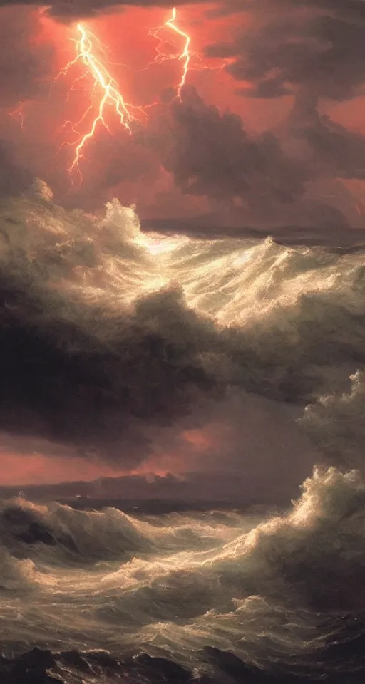 Image similar to hand reaching out of raging stormy seas by eugene von guerard, ivan shishkin, night, red lightning!!, storm!, dramatic lighting, concept art, trending on artstation, 8 k