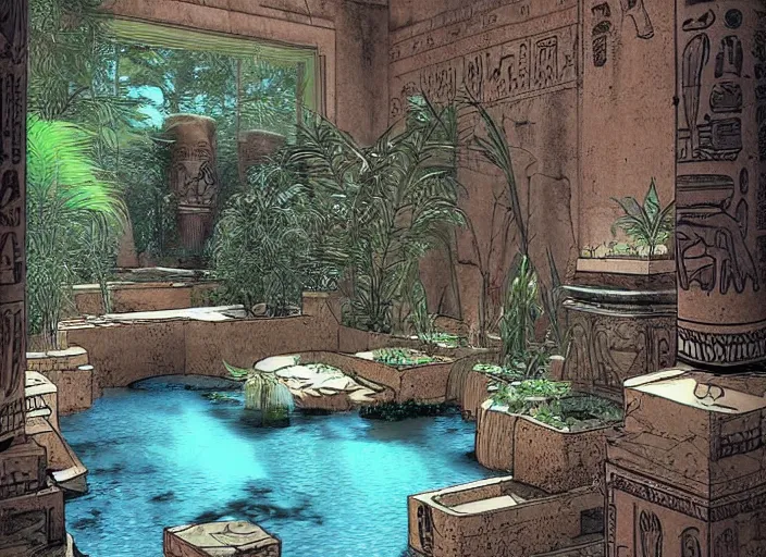 Prompt: Ancient Egypt interior with a pond and plants by Moebius, trending on artstation