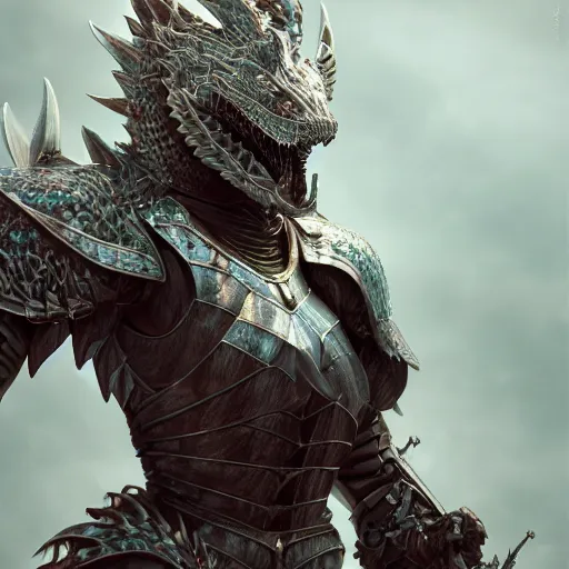 Image similar to highly detailed realistic shot of a stunning anthropomorphic female knight but as a dragon, doing a majestic and elegant pose, armor made of steel, sharp claws, HD octane render, epic cinematography, fantasy, Artstation, Deviantart, Furaffinity