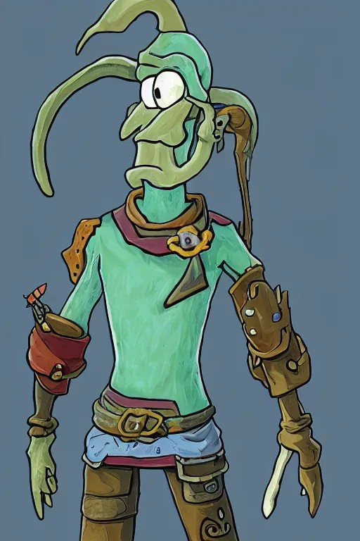 Image similar to an in game portrait of squidward from the legend of zelda breath of the wild, breath of the wild art style.