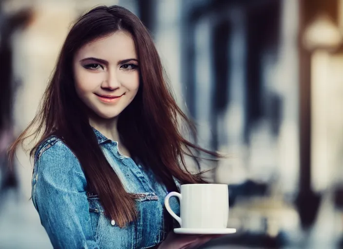 Prompt: Beautiful girl holding a cup of coffee, cinematic, very high quality, 8k