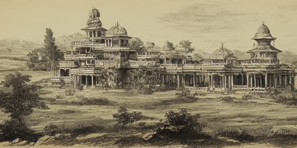 Image similar to ashanti palace, located atop a hill overlooks the capital city. 1 8 7 4. colonial era sketch