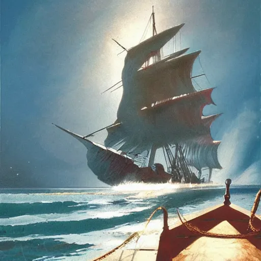 Prompt: A pirate on the high seas that has magical pearlescent shimmering see through sails, painting by John Harris