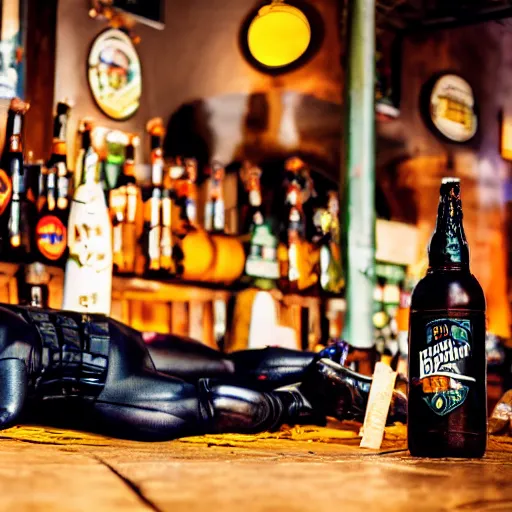 Image similar to batman lying on the floor in a pub surrounded by beer bottles, 8 k photography, golden hour