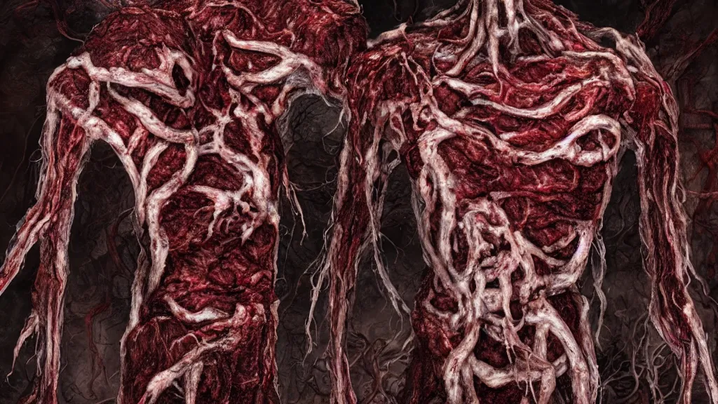 Prompt: monster made of guts, meat and veins. Eldritch, horror, 8K, concept art, filmic, HDR, hyperrealism, volumetric lighting, Dark art