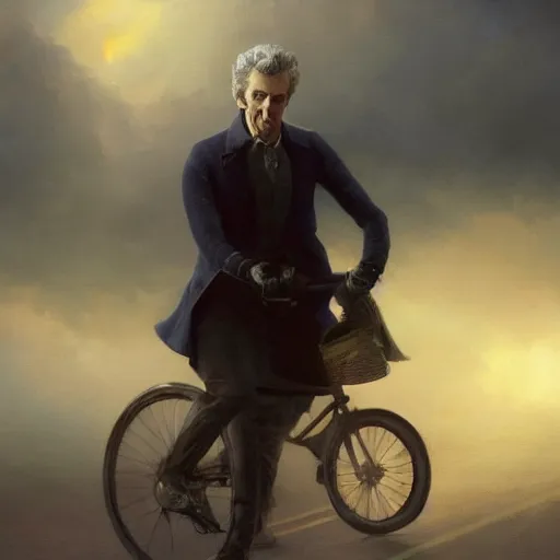 Prompt: cinematic shot epic portrait peter capaldi riding a bicycle in the streets, atmospheric, cloudy, broad light, ambient occlusion, volumetric light effect, made by ivan aivazovsky, peter mohrbacher, greg rutkowski, ross tran, matte painting, trending on artstation, 4 k, perfectly defined features, digital painting, cinematic, epic, highly detailed,