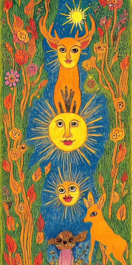 Image similar to tiny golden deer glowing eyes and sun ray mane holding lit matches and singing, children's book illustration, traditional folk art style, gouache on paper, outsider art, David Palladini, Mu Pan, Carson Ellis, Julia Sarda, tarot card, Henry Darger, Louis Wain