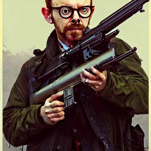 Image similar to portrait of simon pegg in the london of suburbs, winchester rifle, zombie apocalypse, joyful smirk, intricate, elegant, highly detailed, digital painting, artstation, concept art, matte, sharp focus, illustration, art by artgerm and greg rutkowski and alphonse mucha