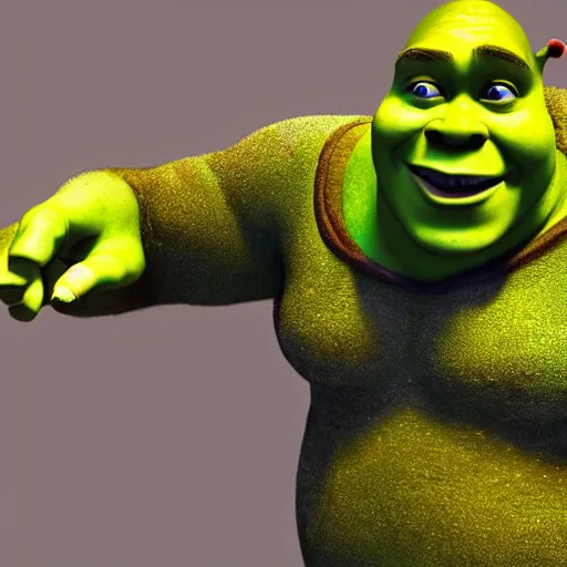 Image similar to shrek as an angle with wings and a halo, 3d render, fake light, dancing, detailed, textured