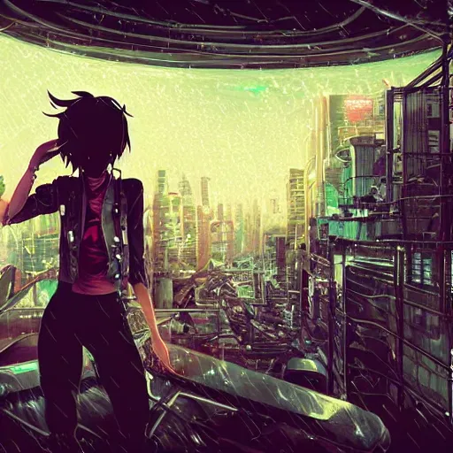 Prompt: android mechanical cyborg girl in overcrowded urban dystopia gigantic future city night raining makoto shinkai wide angle distant shot dark and dreary