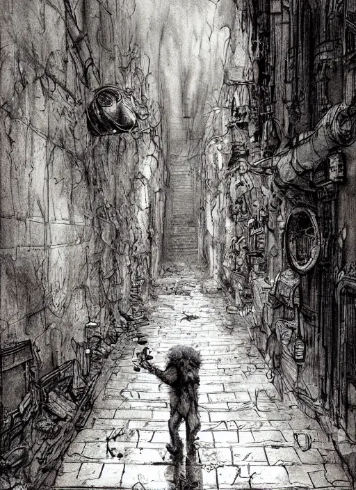 Image similar to portrait, depressed scruffy kitten wanders a scary sewer, watercolor, dramatic lighting, cinematic, establishing shot, extremely high detail, foto realistic, cinematic lighting, pen and ink, intricate line drawings, by Yoshitaka Amano, Ruan Jia, Kentaro Miura, Artgerm, post processed, concept art, artstation, matte painting, style by eddie mendoza, raphael lacoste, alex ross