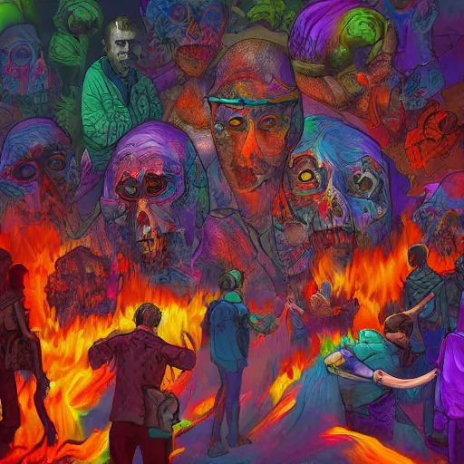 Image similar to hell with people suffering, digital art, highly detailed, realistic, bright colors, 8 k