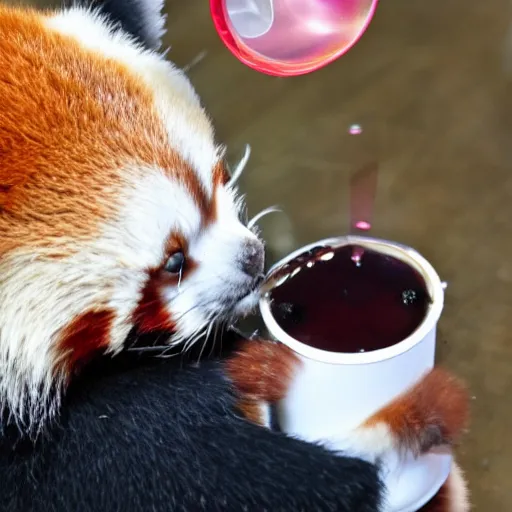 Prompt: A small red panda drinking bubble tea