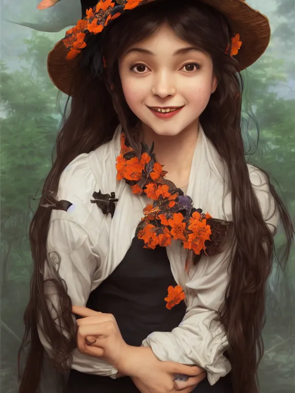 Prompt: Full shot of a cute mischievous young witch about to get up to some trouble. Latin American fashion. Floral patterns. Black and Orange palette. Latina girl. brown skin. defined facial features, symmetrical facial features. Smiling. By Ruan Jia and Artgerm and Range Murata and WLOP and Ross Tran and William-Adolphe Bouguereau. Key Art. Fantasy Illustration. award winning, Artstation, intricate details, realistic, Hyperdetailed, 8k resolution.