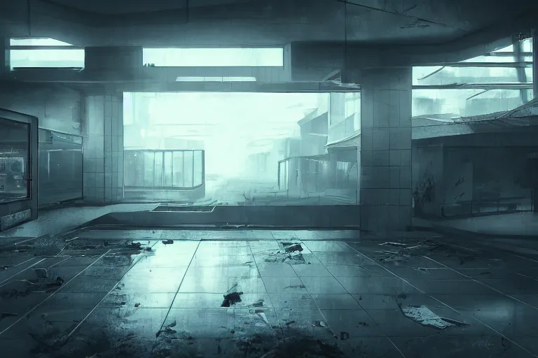 Prompt: first person view with a gun of a abandoned cyberpunk shopping mall, cinematic lightning, ray tracing, unreal engine, photorealistic fps game concept art, detailed, dark, moody, foggy