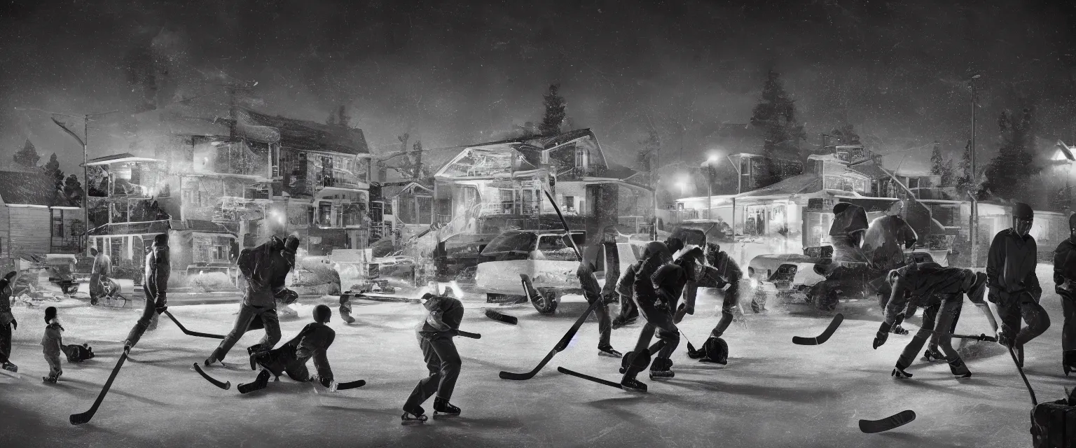 Prompt: detailed sharp photograph in the style of popular science circa 1 9 5 5 and gregory crewdson of an hockey game