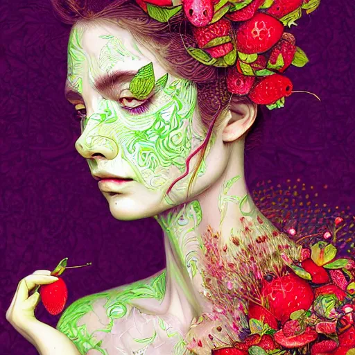 Prompt: the portrait of an absurdly beautiful, graceful, elegant, sophisticated woman made of strawberries and green petals, an ultrafine hyperdetailed illustration by james jean, kim jung gi, irakli nadar, intricate linework, bright colors, octopath traveler, final fantasy, unreal engine 5 highly rendered, global illumination, radiant light, detailed and intricate environment