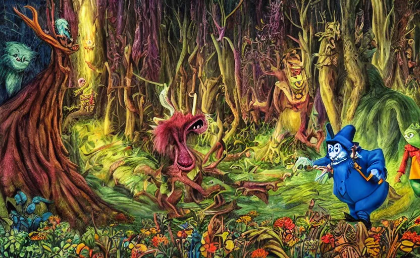 Image similar to a scene of colorful cartoon monsters in the clearing of a dark fantasy forest surrounded by darkness. hyperrealist illustration. muted colors. 1 9 7 0's pulp science fiction and fantasy cartoon for alice in wonderland and wizard of oz. highly detailed and richly colored painting by don ivan punchatz